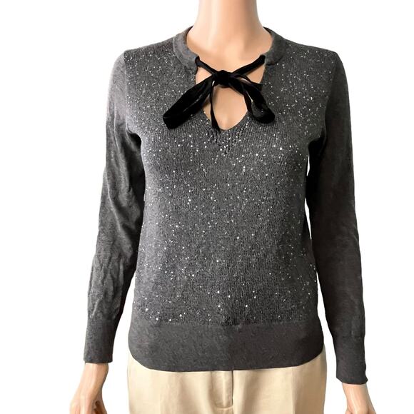 MICHAEL Michael Kors Sequined Velvet Tie Pullover Sweater Preppy Date Night P/S - Picture 1 of 5